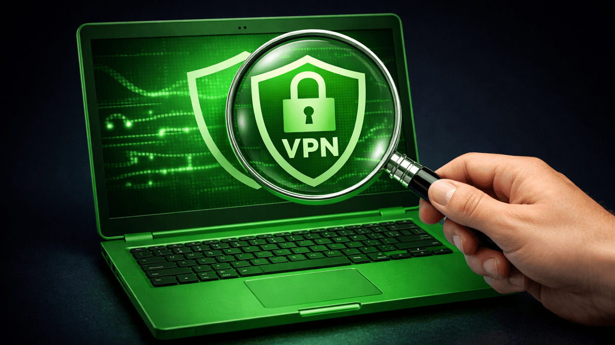 Hand holding magnifying glass over laptop displaying a VPN symbol