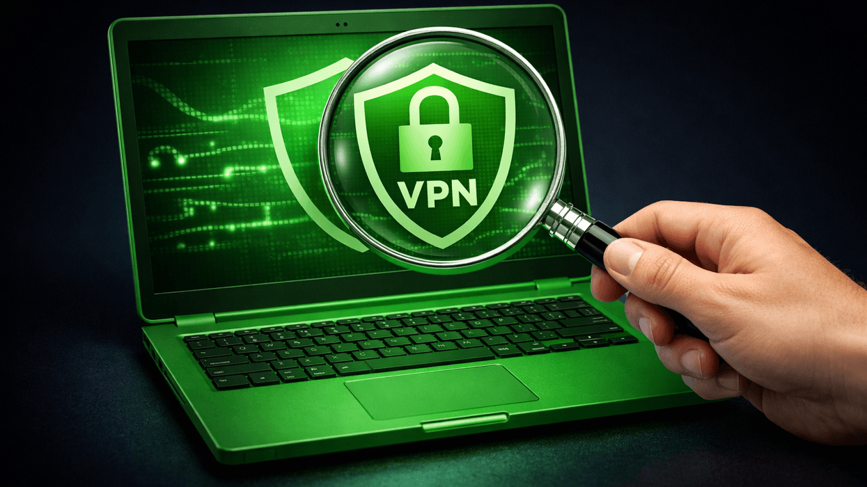 Hand holding magnifying glass over laptop displaying a VPN symbol