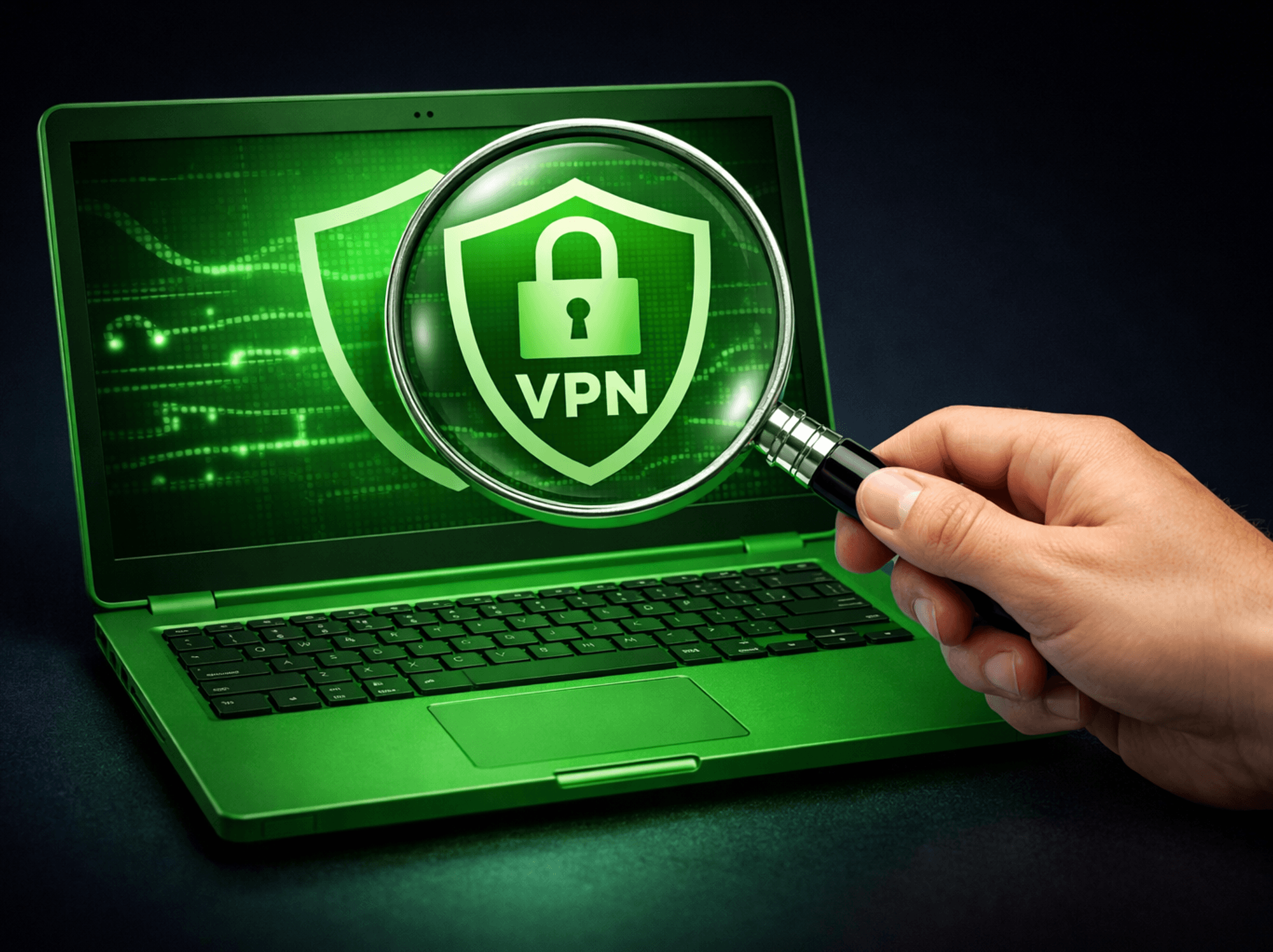 Hand holding magnifying glass over laptop displaying a VPN symbol