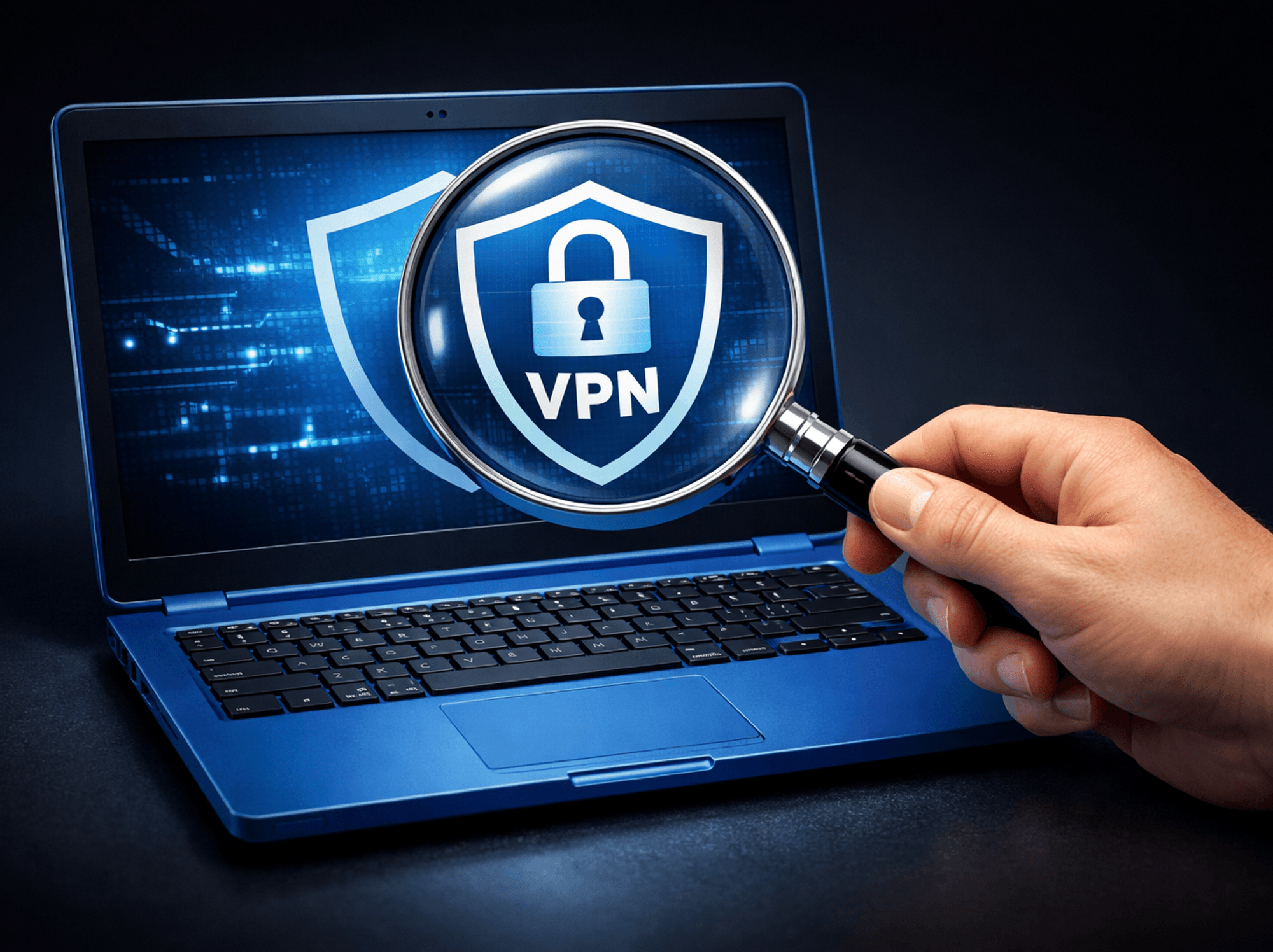 Hand holding magnifying glass over laptop displaying VPN symbol