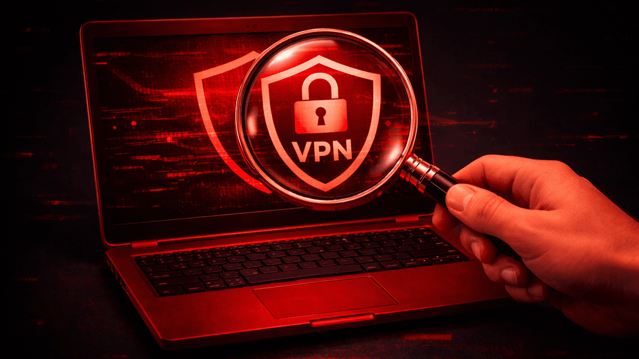 Hand holding magnifying glass over laptop displaying VPN symbol