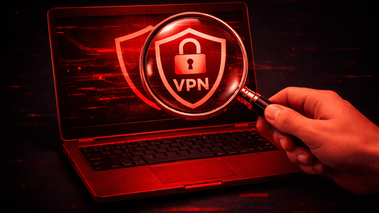Hand holding magnifying glass over laptop displaying VPN symbol