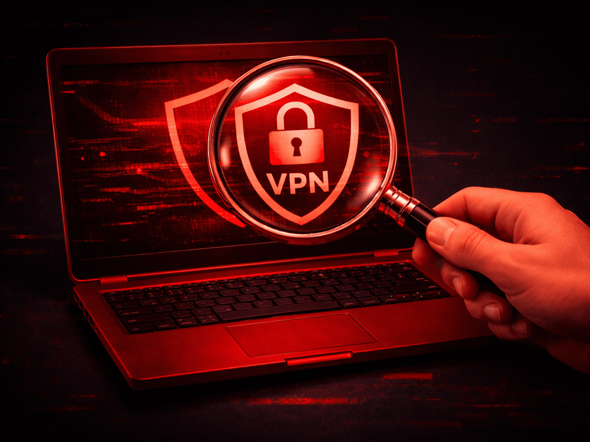 Hand holding magnifying glass over laptop displaying VPN symbol
