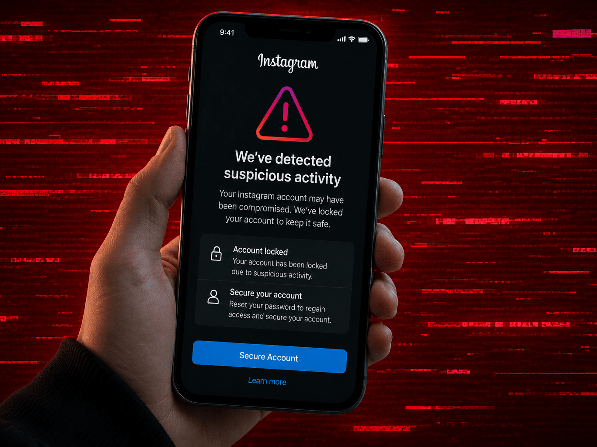 Hand holding mobile with Instagram suspicious activity warning