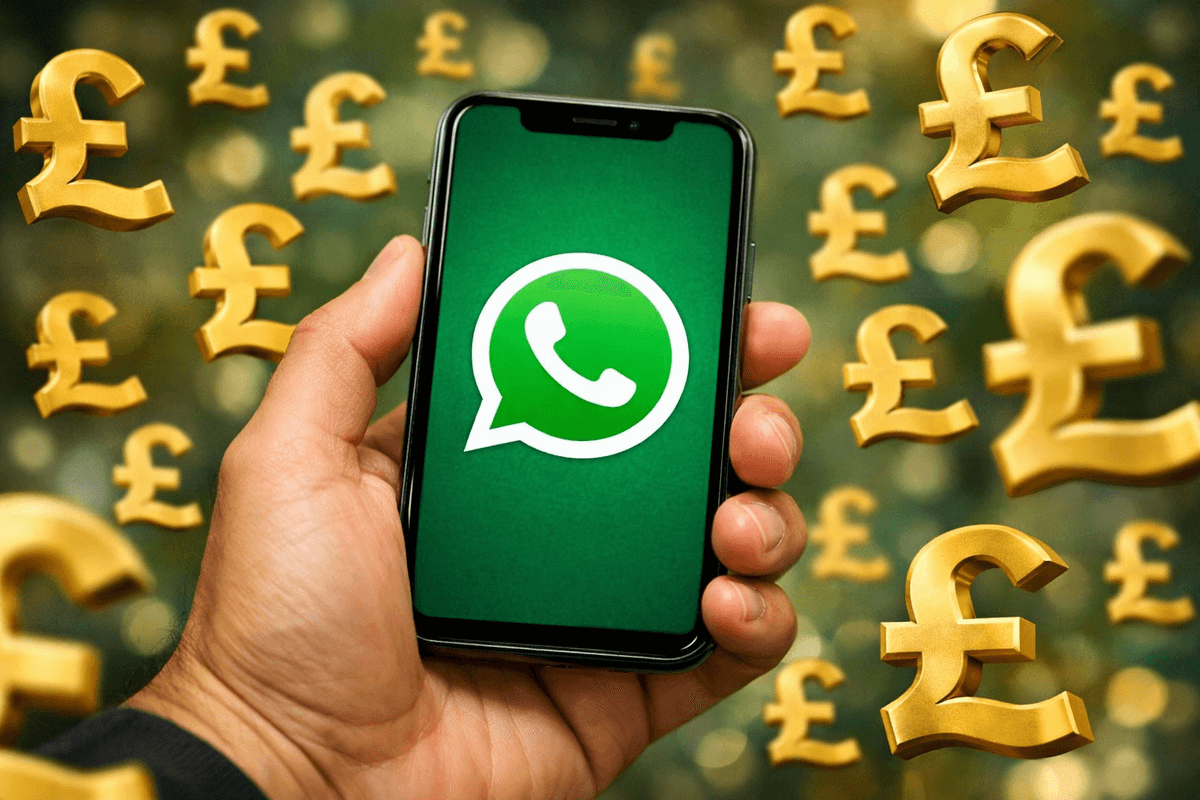 Hand holding mobile with WhatsApp British
