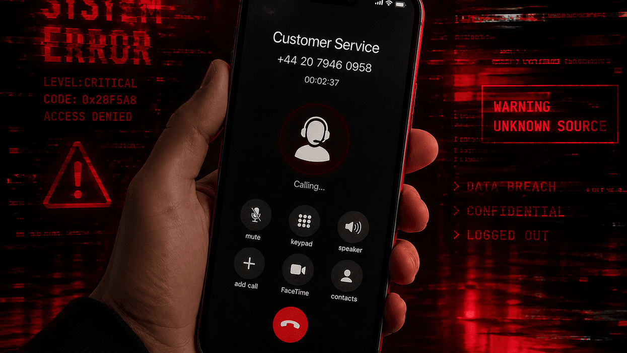 Hand holding phone displaying a call in progress with customer service in front of a red glitchy background
