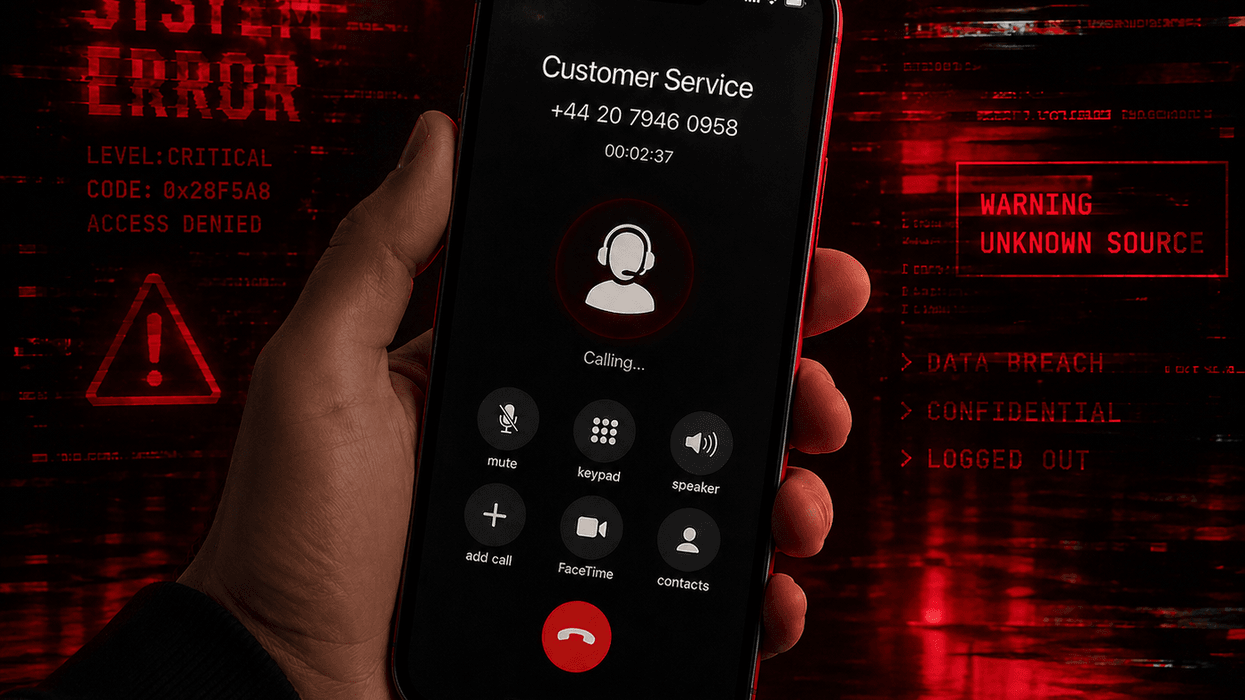 Hand holding phone displaying a call in progress with customer service