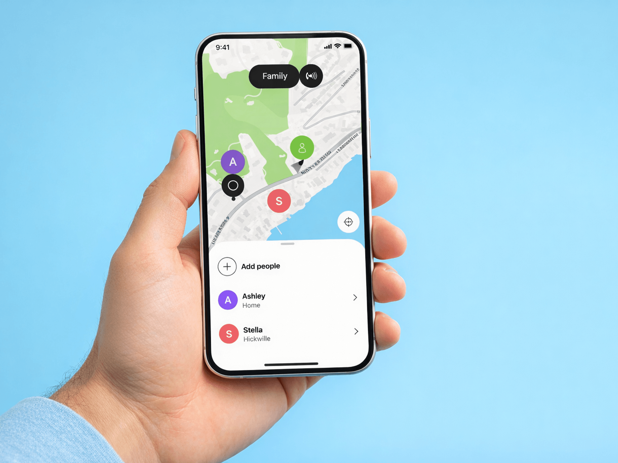 Hand holding phone displaying location-sharing app HeyPolo