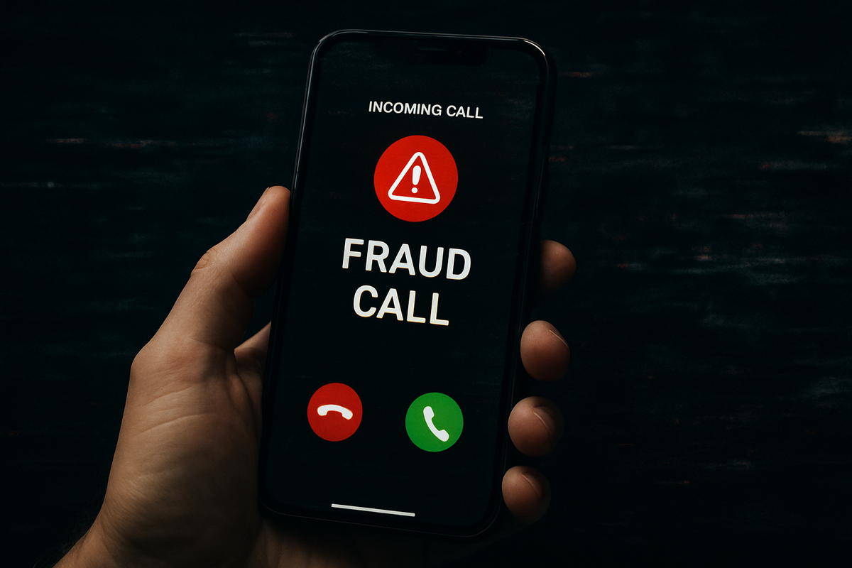 Hand holding phone that has an incoming fraud call