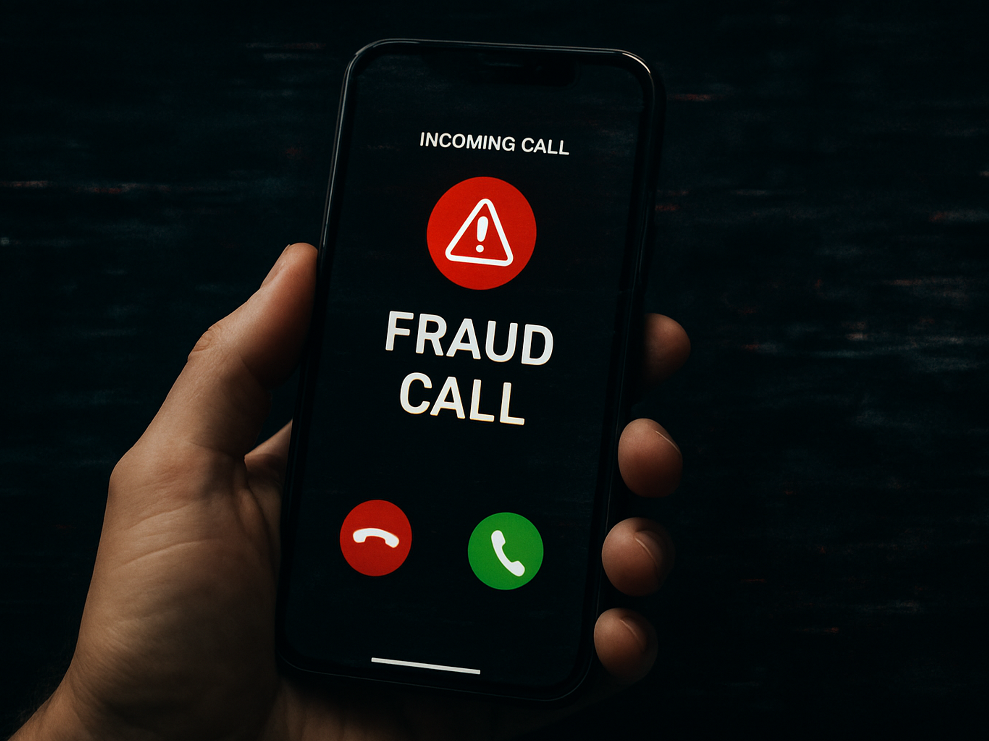 Hand holding phone that has an incoming fraud call
