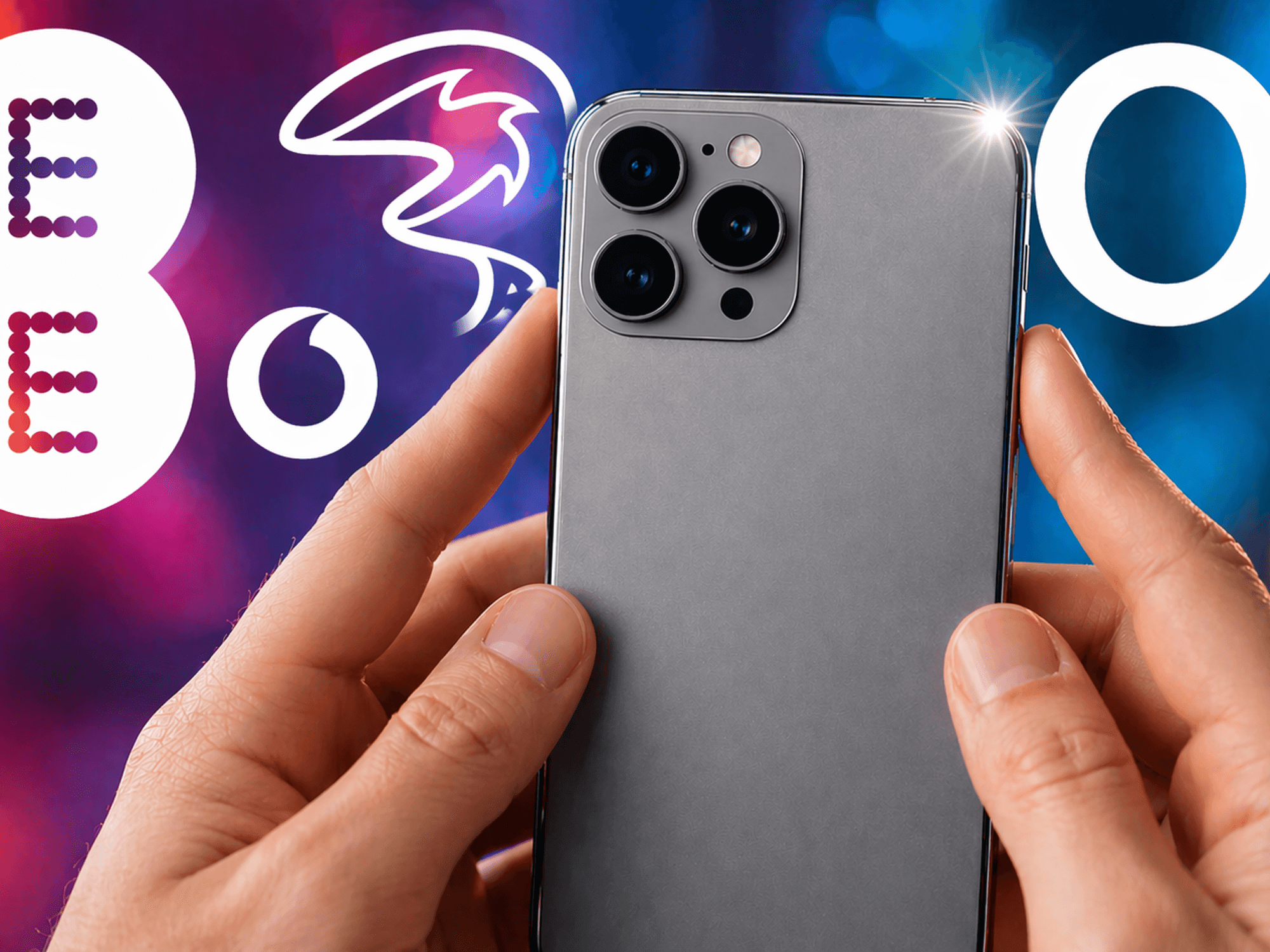 Hand holding phone with mobile providers' logos in the background