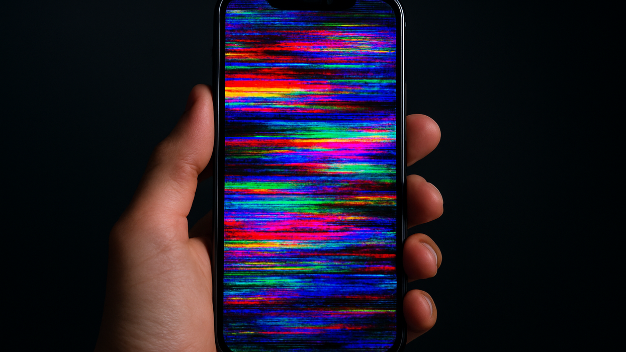 Hand holding phone with screen glitch