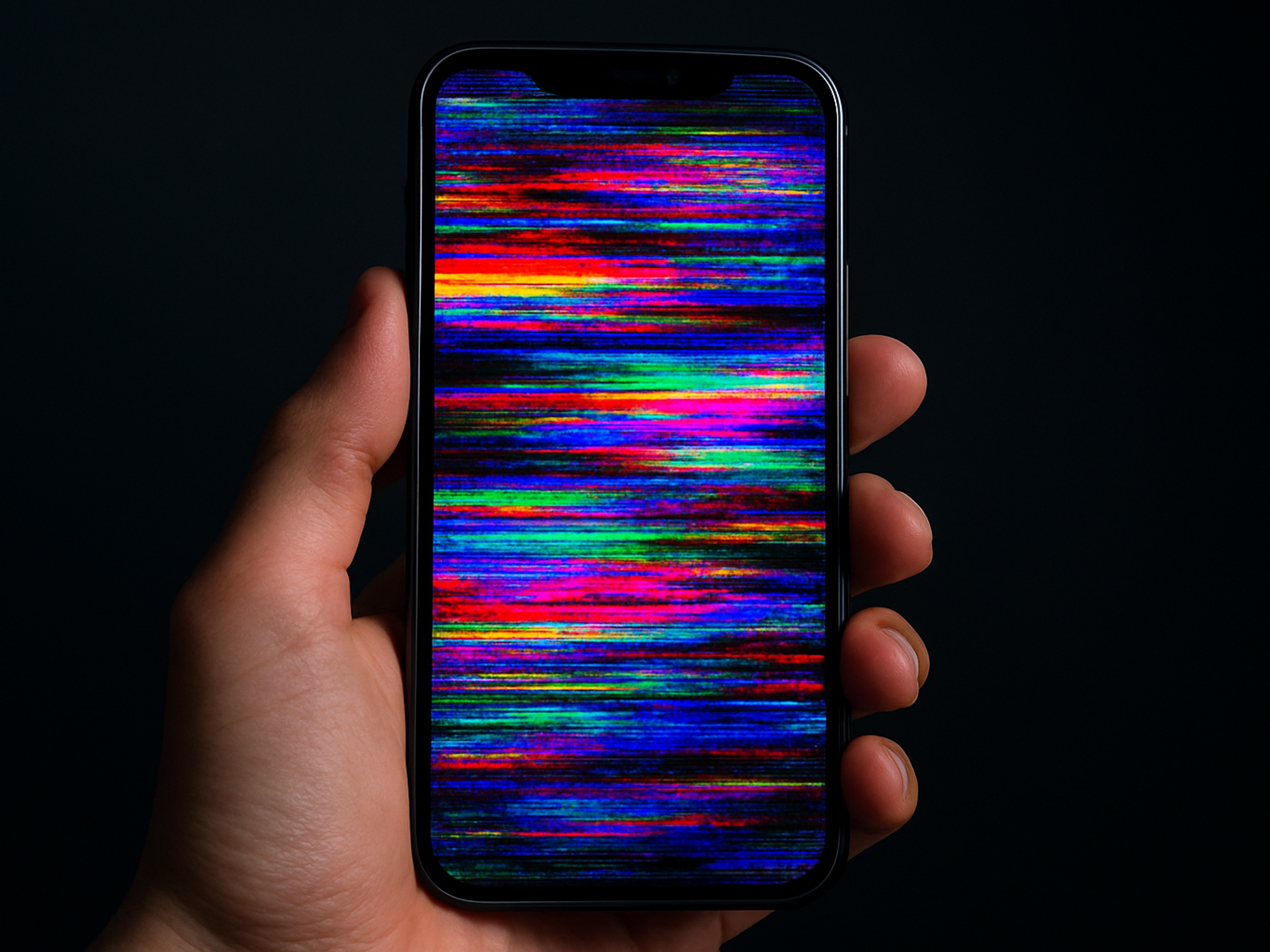 Hand holding phone with screen glitch