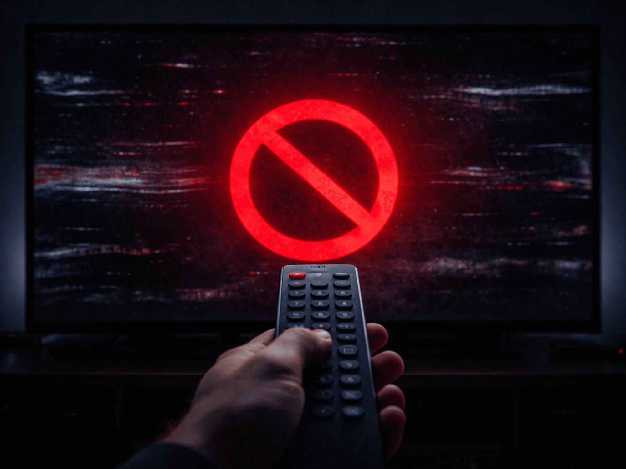 Hand holding remote controller in front of blocked TV
