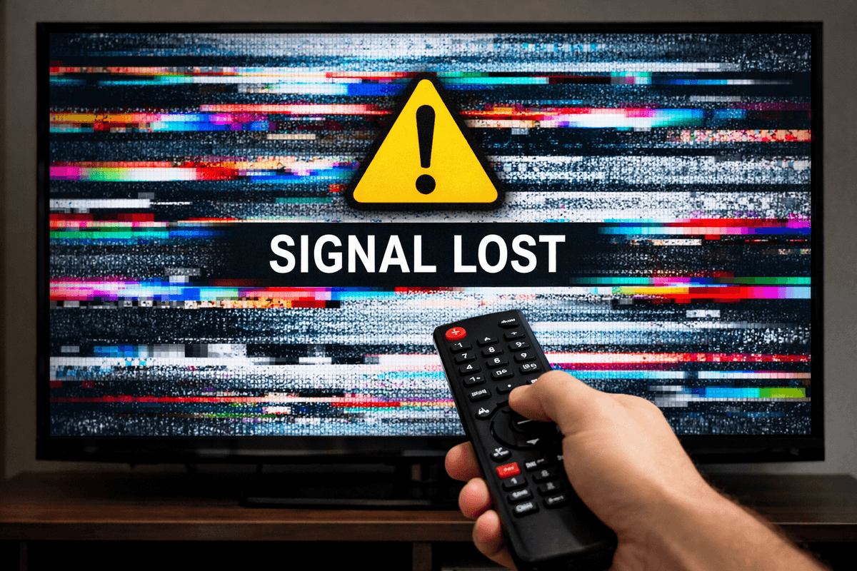 Hand holding remote in front of TV with a signal lost symbol