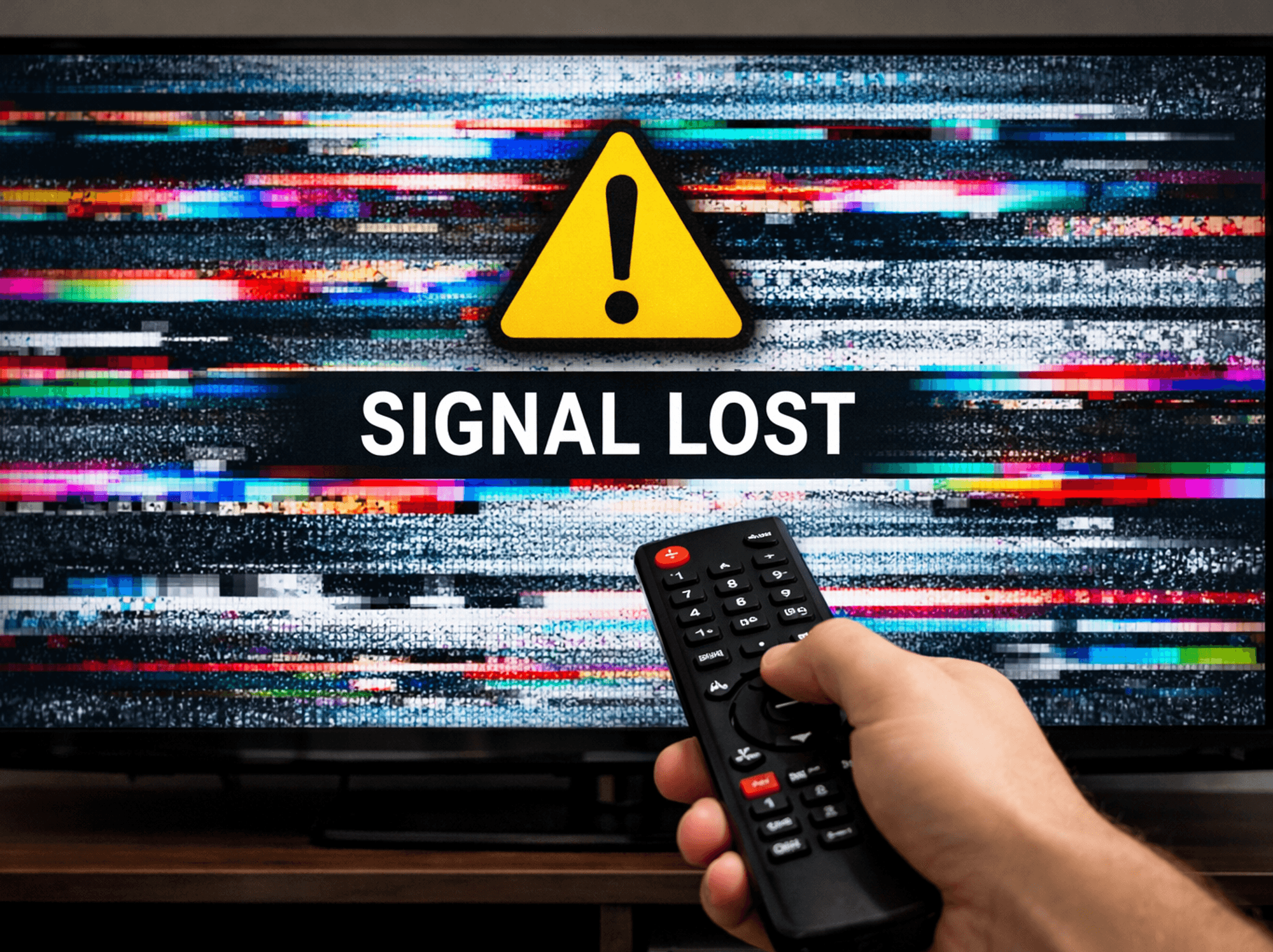 Hand holding remote in front of TV with a signal lost symbol