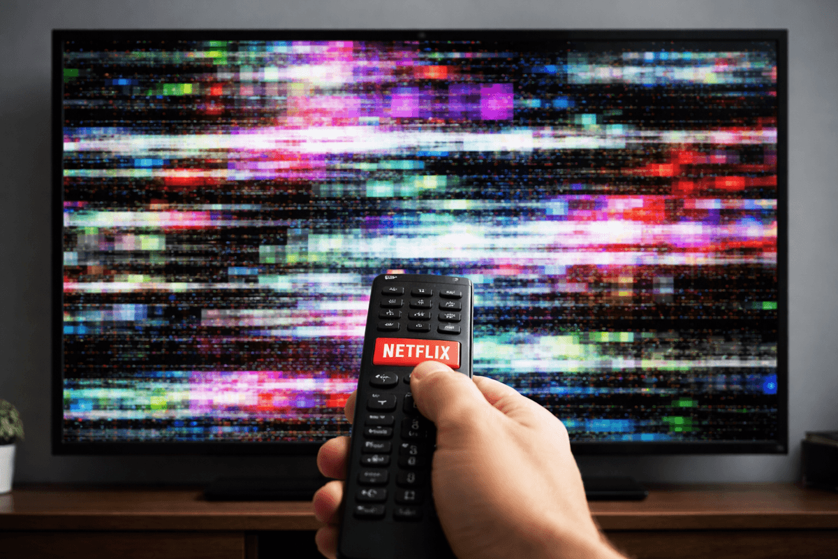 Hand holding remote with Netflix button pointed at non-working TV