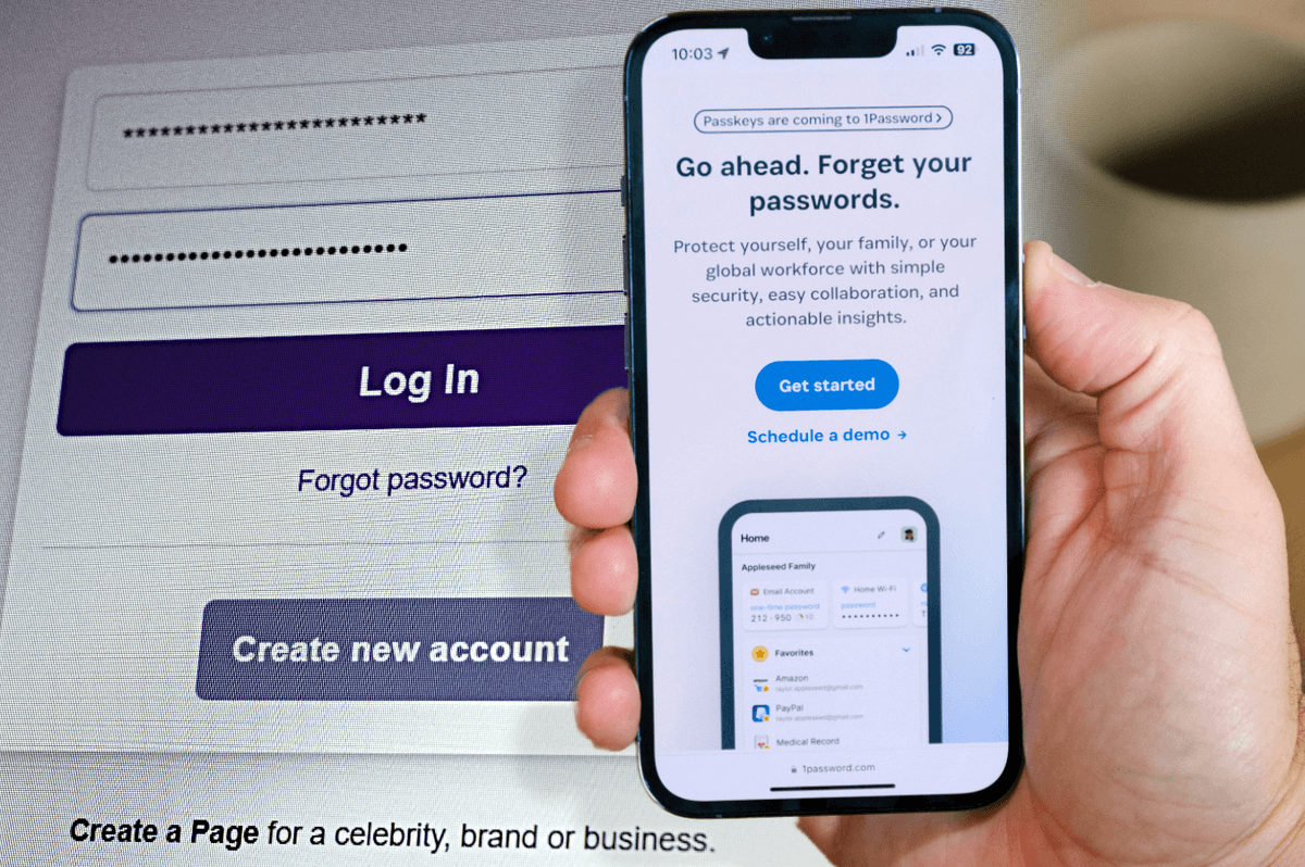 hand holding smartphone with 1password homepage on-screen and a password login field in the background