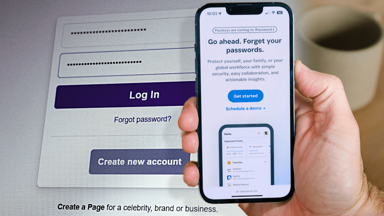 hand holding smartphone with 1password homepage on-screen and a password login field in the background