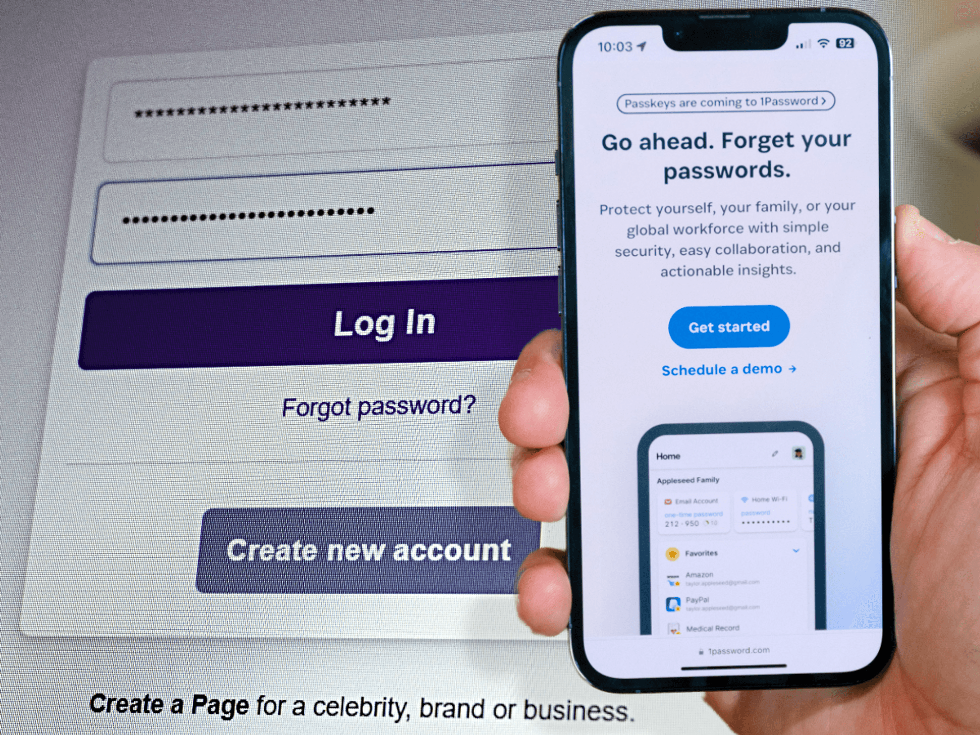 hand holding smartphone with 1password homepage on-screen and a password login field in the background