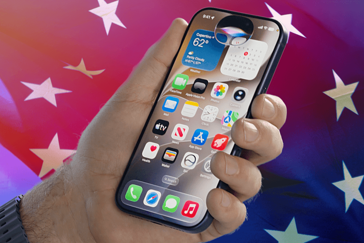 hand holding the iPhone with a European Union flag in the background