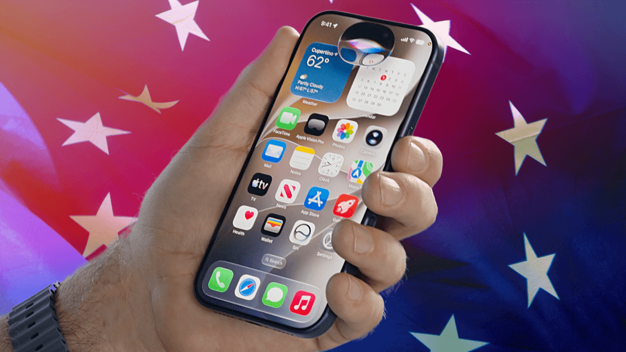 hand holding the iPhone with a European Union flag in the background