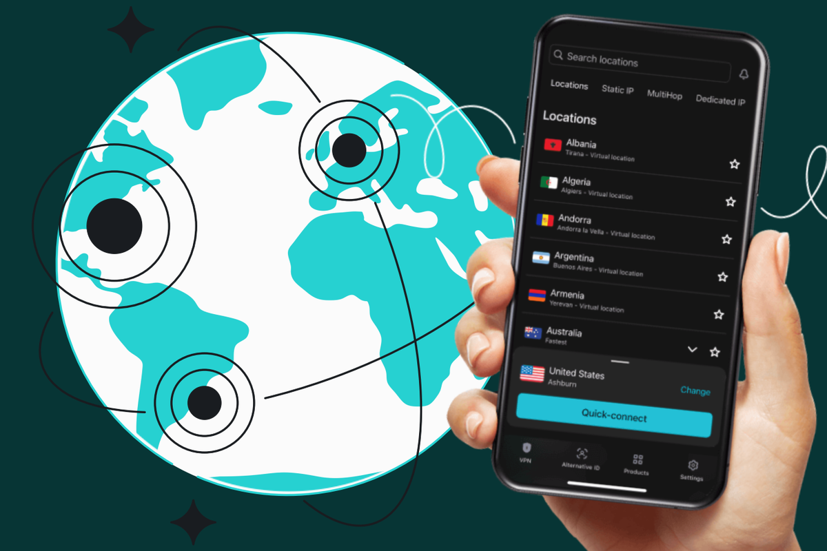 hand holding the surfshark app with an illustration of the planet in the background