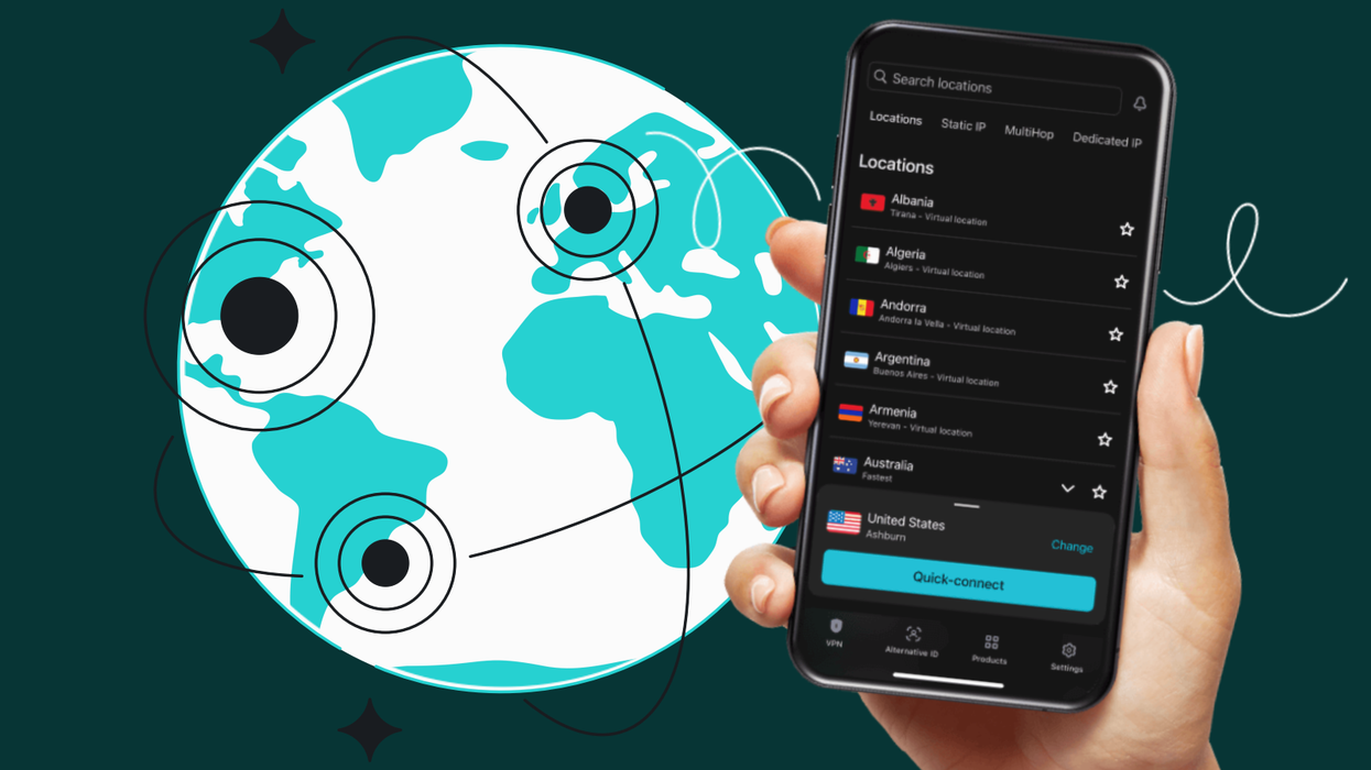 hand holding the surfshark app with an illustration of the planet in the background