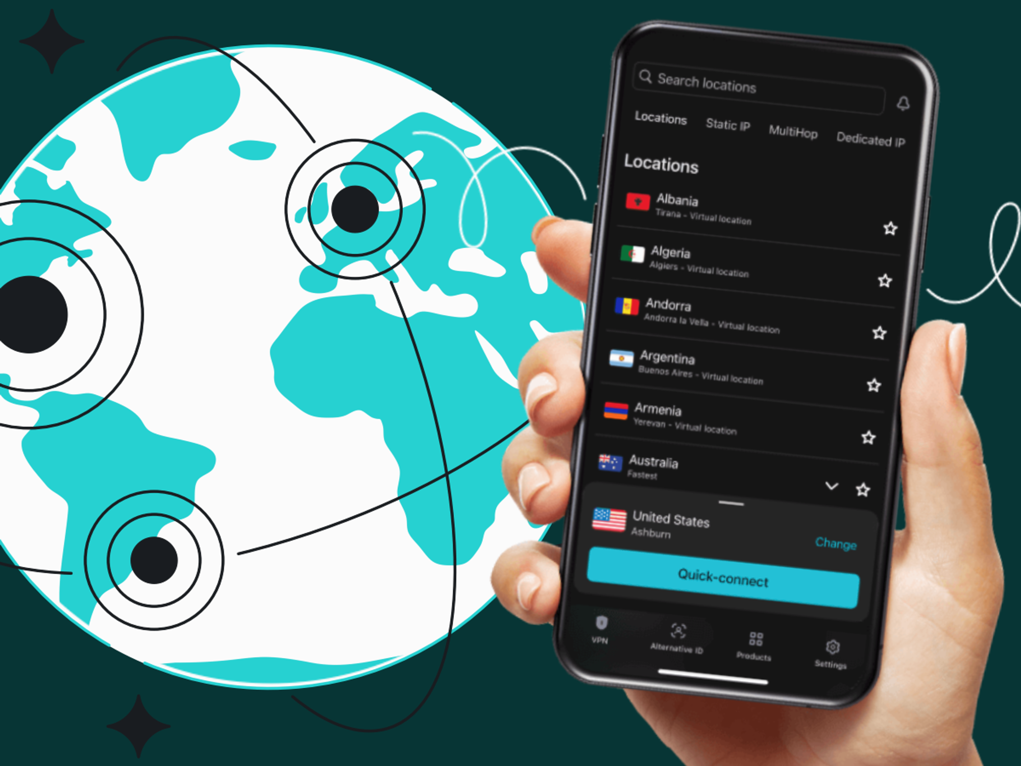 hand holding the surfshark app with an illustration of the planet in the background