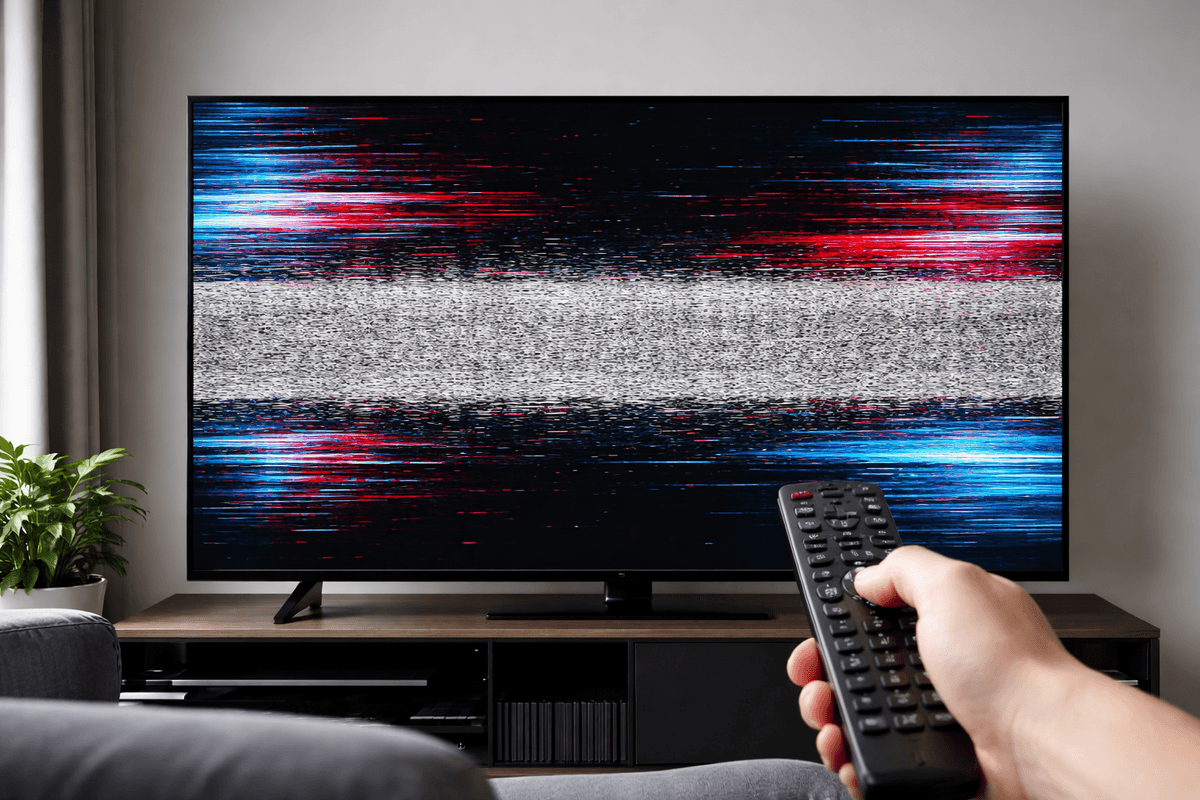 Hand holding TV remote in front of TV screen with a glitch