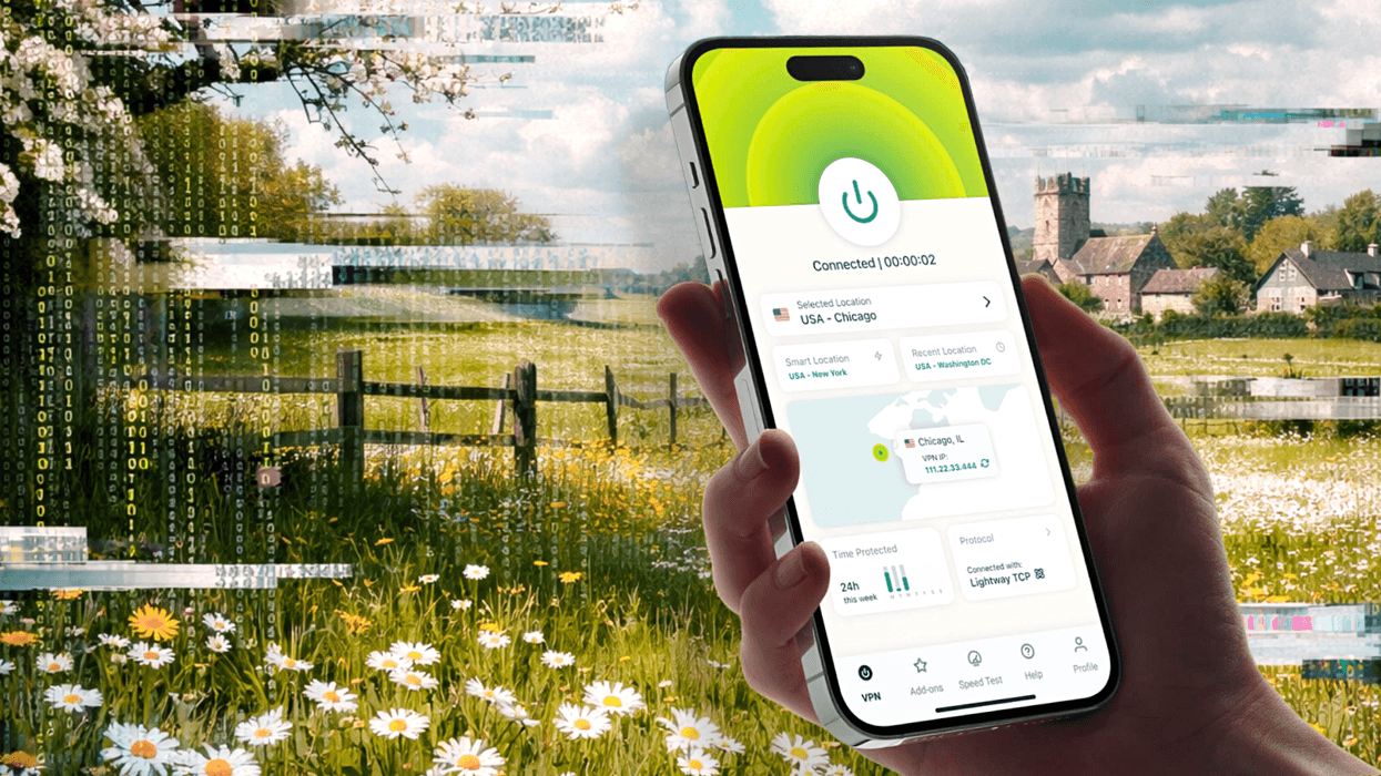 hand holds a smartphone with the ExpressVPN app on-screen with a spring scene in the background