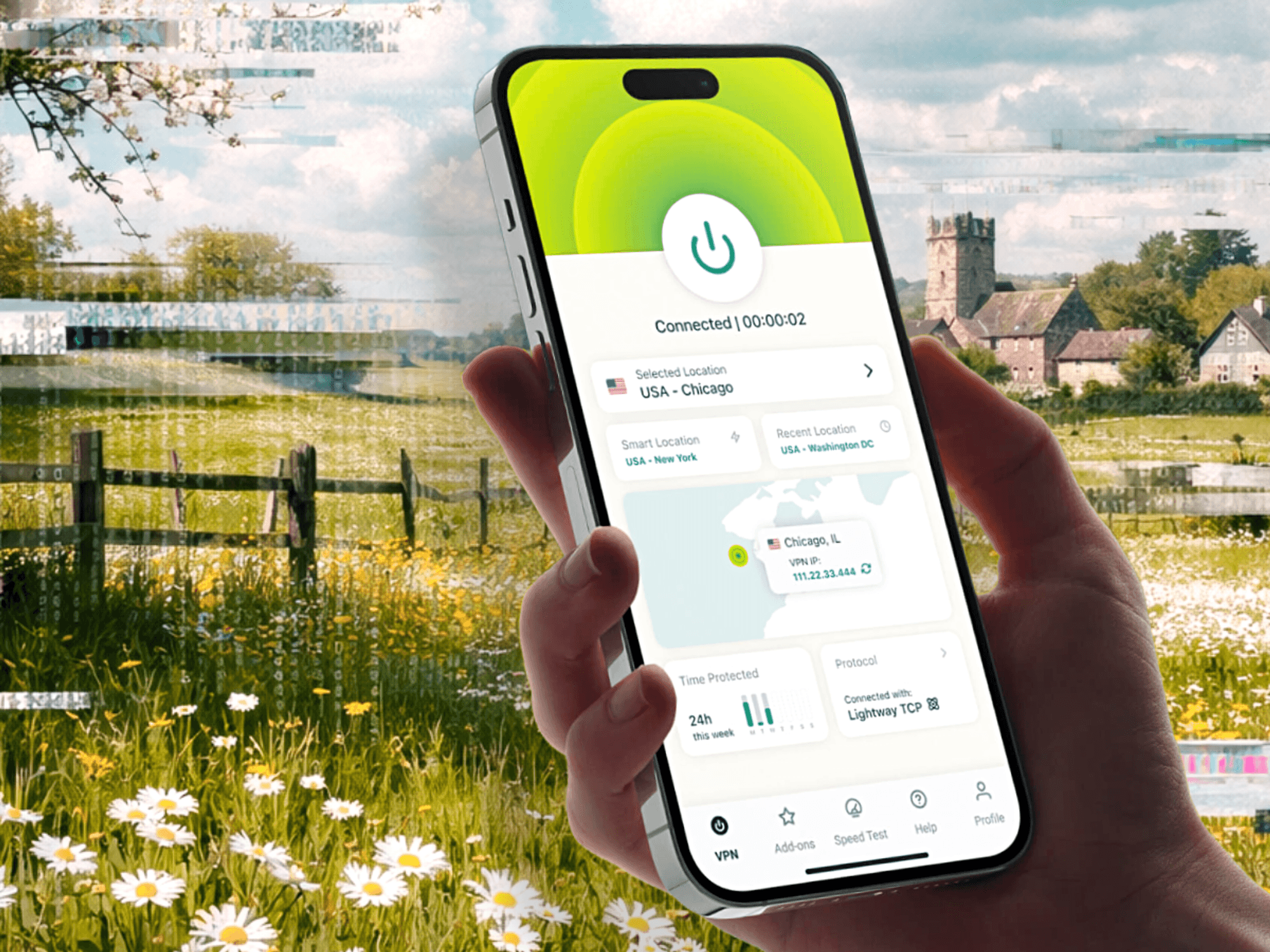 hand holds a smartphone with the ExpressVPN app on-screen with a spring scene in the background