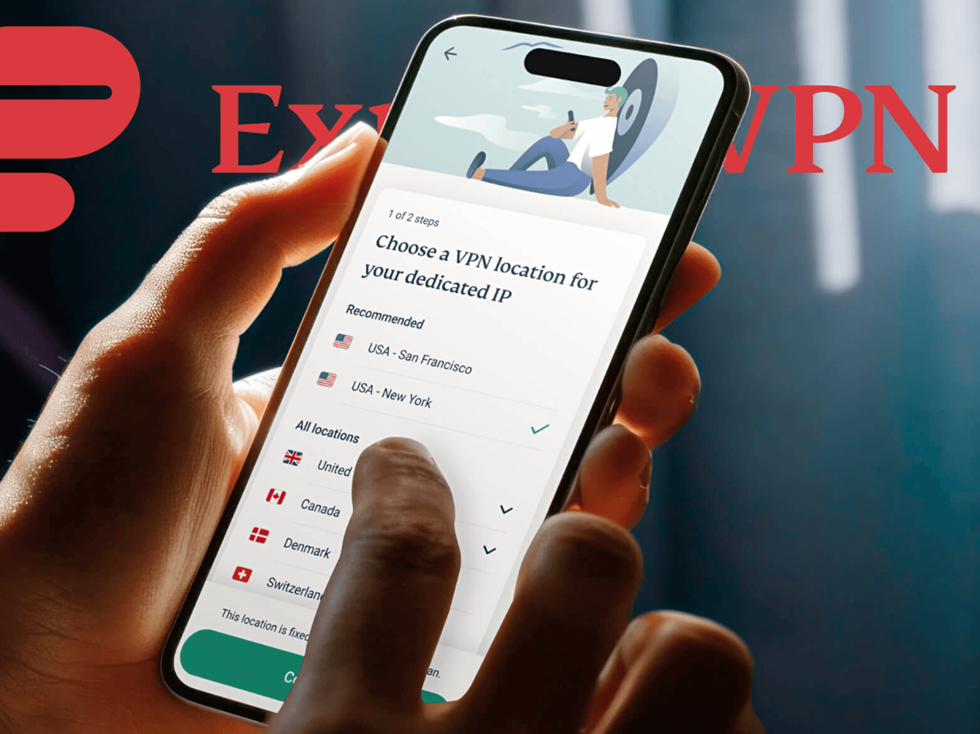 hand holds a smartphone with the expressvpn app