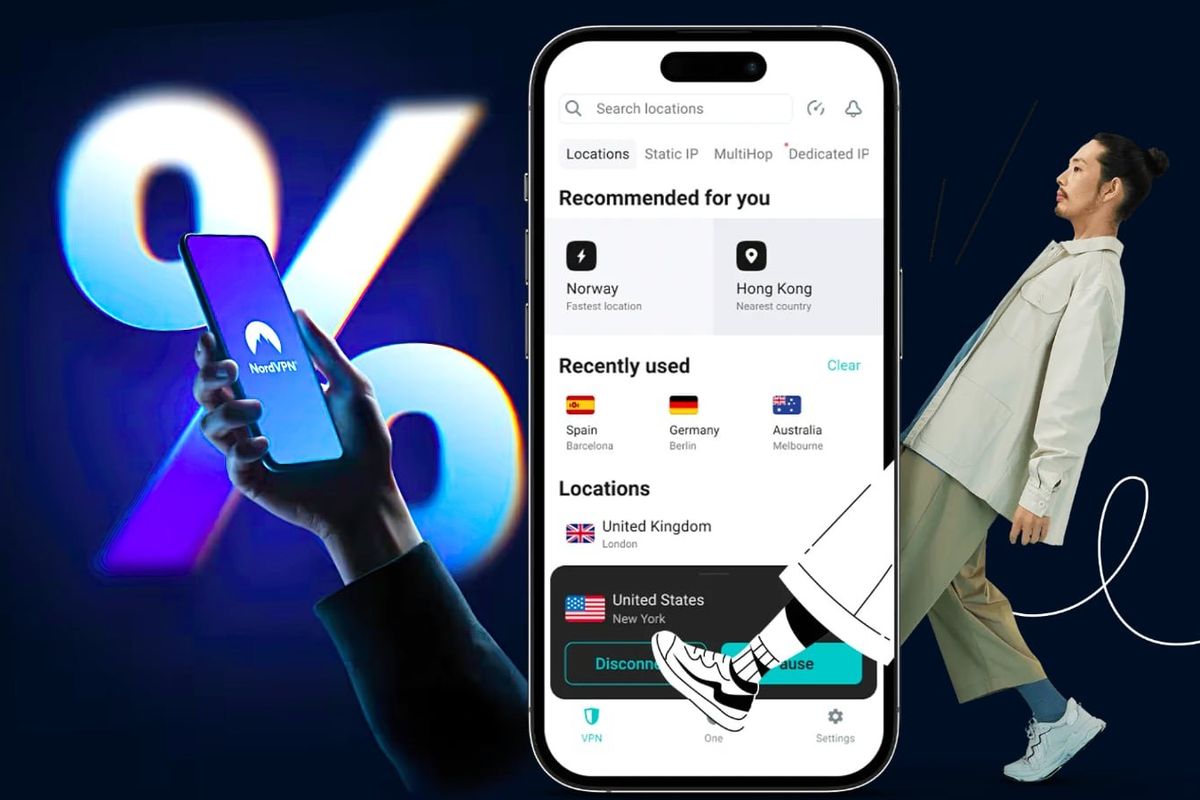 Hand holds a smartphone with the NordVPN loading icon on-screen while a screenshot of the Surfshark app is shown on the right side