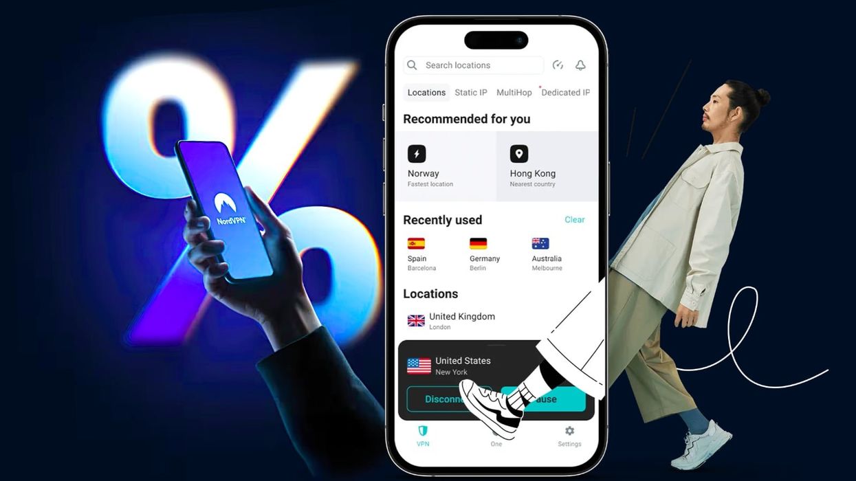 Hand holds a smartphone with the NordVPN loading icon on-screen while a screenshot of the Surfshark app is shown on the right side