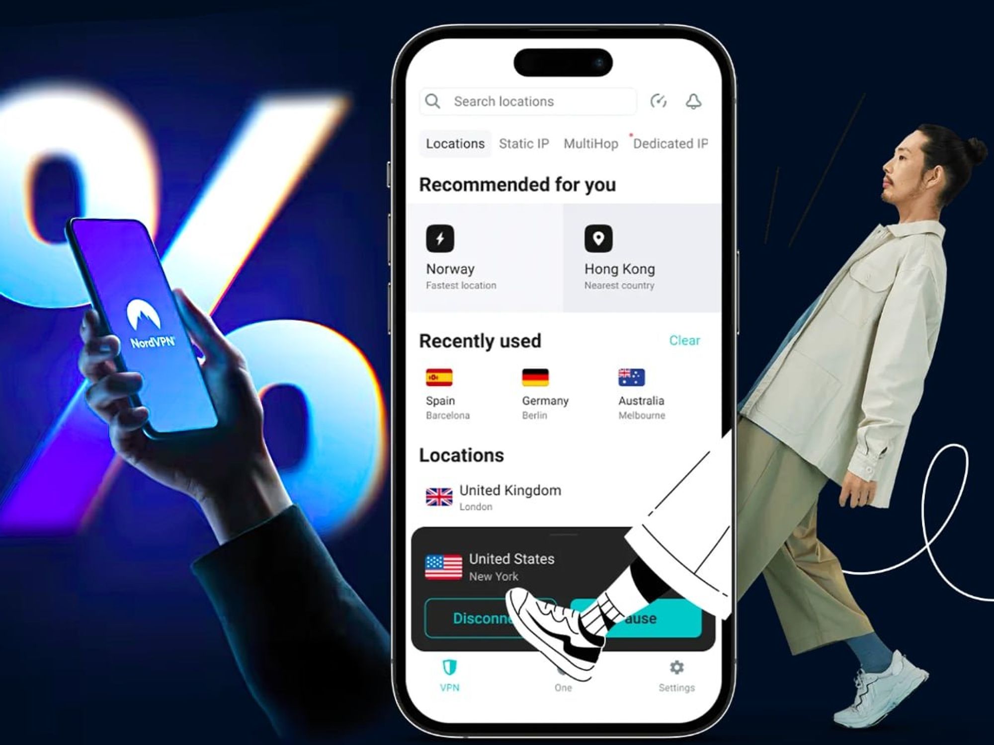Hand holds a smartphone with the NordVPN loading icon on-screen while a screenshot of the Surfshark app is shown on the right side