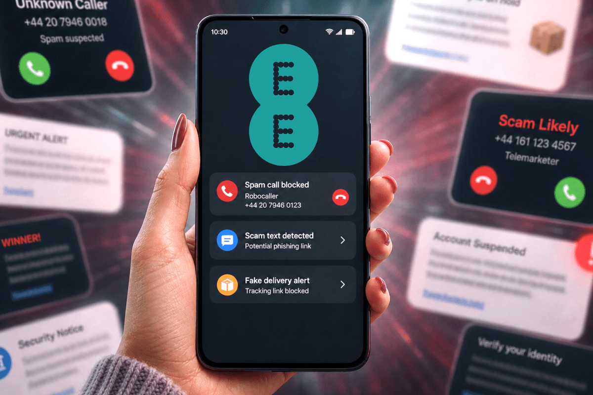 hand holds smartphone showing that scam guard protections are enabled