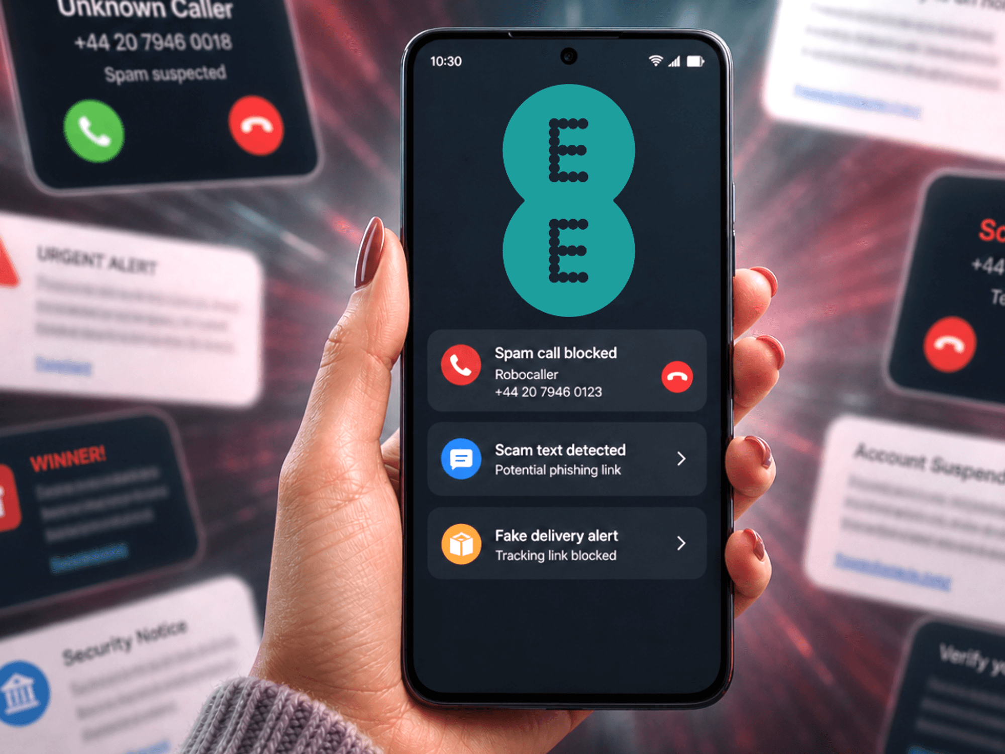 hand holds smartphone showing that scam guard protections are enabled