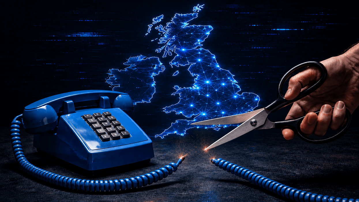 Hand using scissors to cut phone cord in front of map of the UK