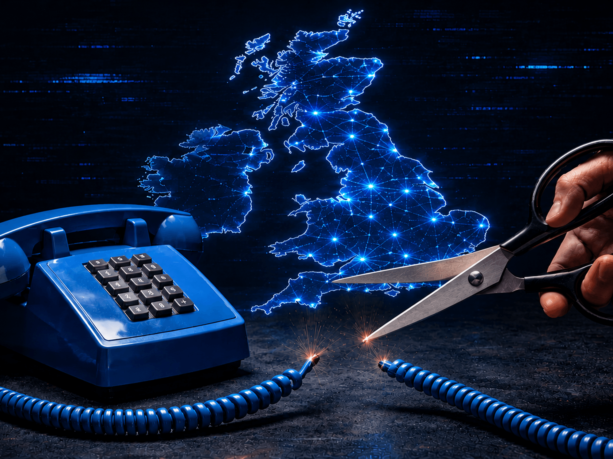 Hand using scissors to cut phone cord in front of map of the UK