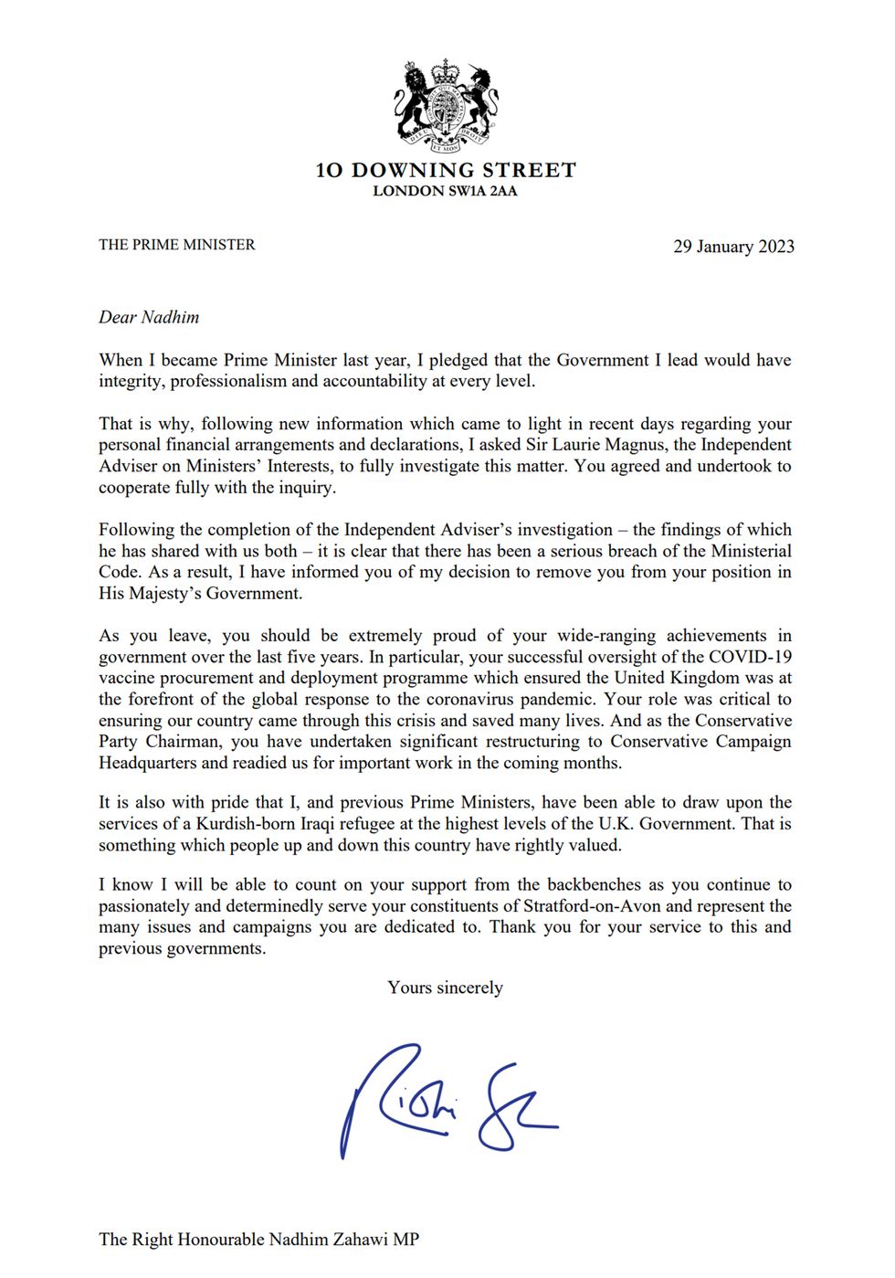 Handout image issued by number 10 Downing Street of a letter from Prime Minister Rishi Sunak to Nadhim Zahawi who has been sacked as Conservative Party chairman after an ethics inquiry into the handling of his tax affairs found a %22serious breach%22 of the Ministerial Code. Issue date: Sunday January 29, 2023.
