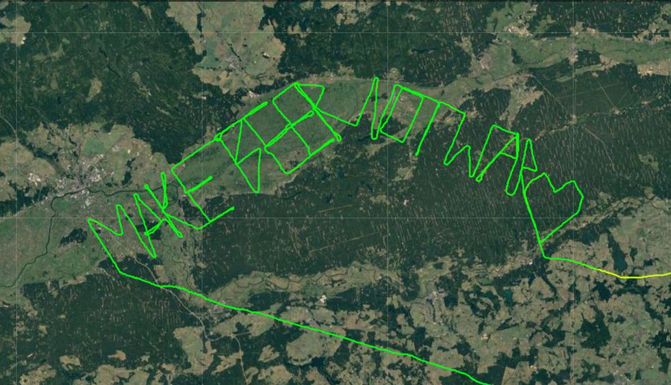 Handout photo dated 14/05/22 issued by Flightradar24.com of the words %22make beer not war%22 which was drawn by a light aircraft in Poland using its flight path. Taking off from the city of Poznan in west-central Poland, the two-seater plane initially turned to the west before beginning to trace the words. Issue date: Saturday May 14, 2022.