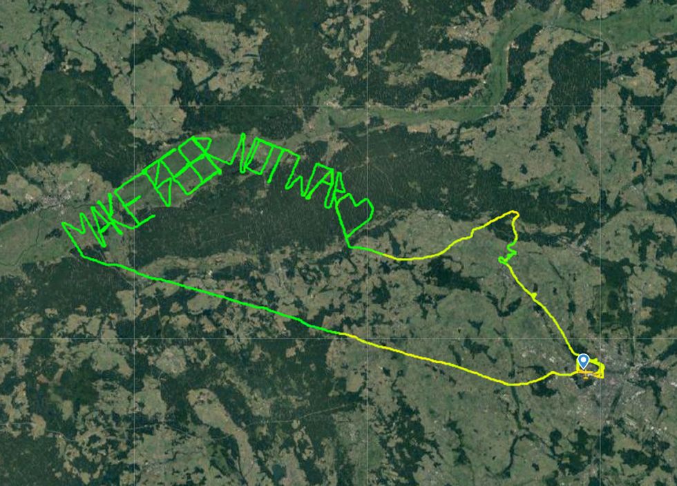 Handout photo dated 14/05/22 issued by Flightradar24.com of the words %22make beer not war%22 which was drawn by a light aircraft in Poland using its flight path. Taking off from the city of Poznan in west-central Poland, the two-seater plane initially turned to the west before beginning to trace the words. Issue date: Saturday May 14, 2022.