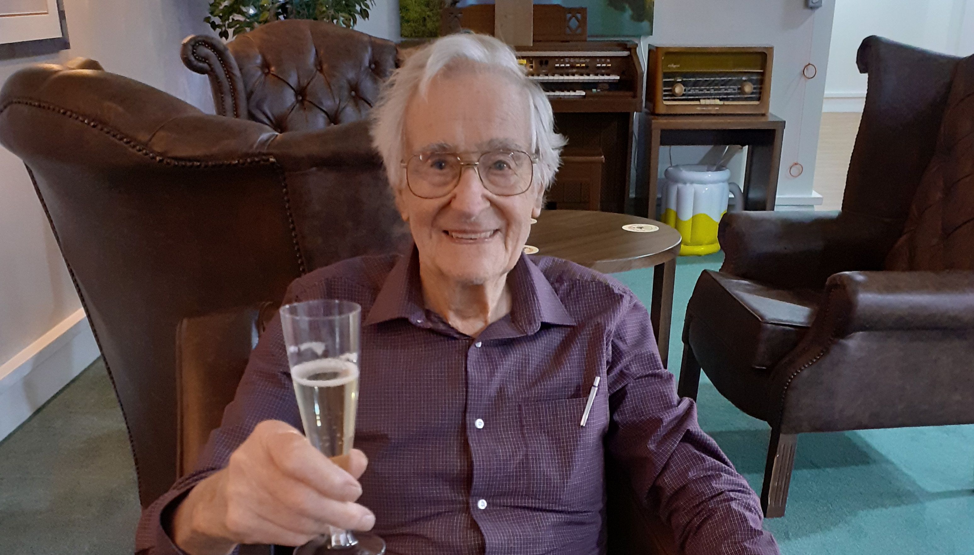 Handout photo issued by Credit Care UK of Edwin Clarke, 94, at The Lockdown Arms in The Potteries care home in Dorset. Issue date: Friday December 31, 2021.