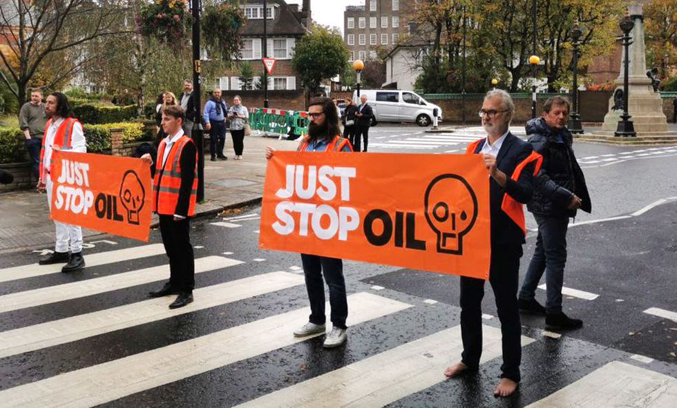 Handout photo issued by Just Stop Oil of protesters demonstrating on Abbey Road in London. Picture date: Sunday October 23, 2022.