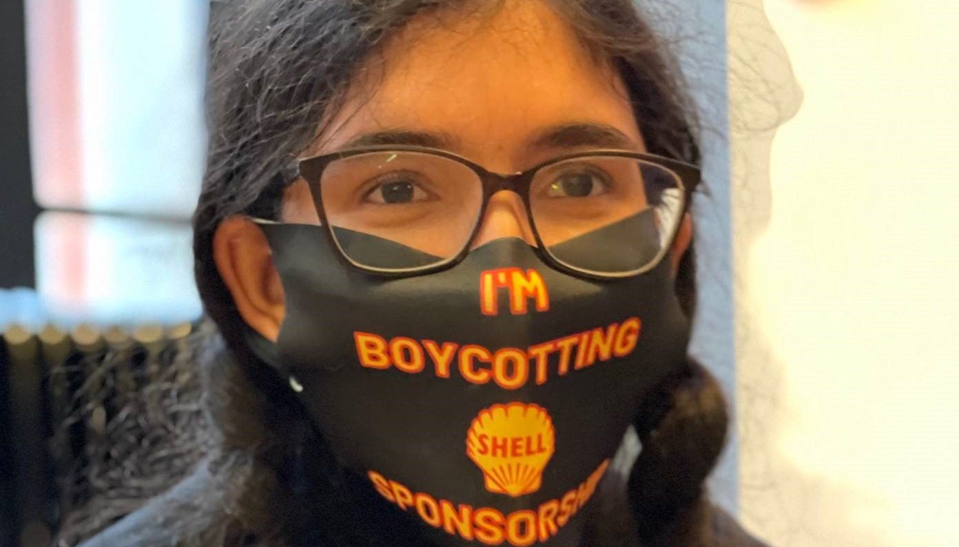 Handout photo issued by London branch of the UK Student Climate Network during their protest against London's Science Museum's sponsorship deals with fossil fuel companies. Picture date: Tuesday October 26, 2021.