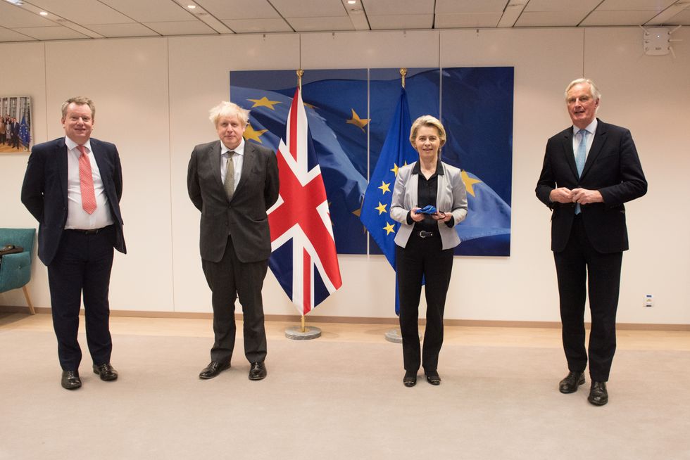 Handout photo issued by the European Commission of (left to right) UK's chief Brexit negotiator Lord David Frost, Prime Minister Boris Johnson, European Commission president Ursula von der Leyen and EU's chief negotiator Michel Barnier in Brussels where they have agreed the UK and EU will continue talks on a post-Brexit trade deal.