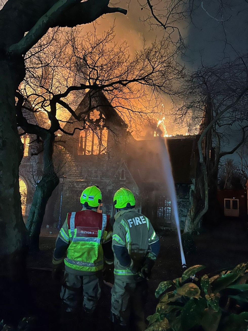 Handout photo issued by the London Fire Brigade (LFB) of firefighters tackling a blaze at St Mark's Church in Hamilton Terrace, St John's Wood, London, which has been destroyed by the fire. 80 firefighters attended the heritage-listed north-west London church that has been described as an %22architectural and historical treasure%22. Picture date: Friday January 27, 2023.