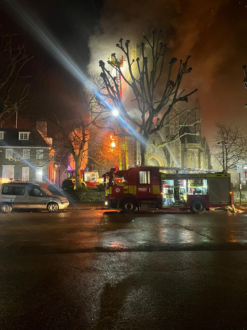 Handout photo issued by the London Fire Brigade (LFB) of firefighters tackling a blaze at St Mark's Church in Hamilton Terrace, St John's Wood, London, which has been destroyed by the fire. 80 firefighters attended the heritage-listed north-west London church that has been described as an %22architectural and historical treasure%22. Picture date: Friday January 27, 2023.