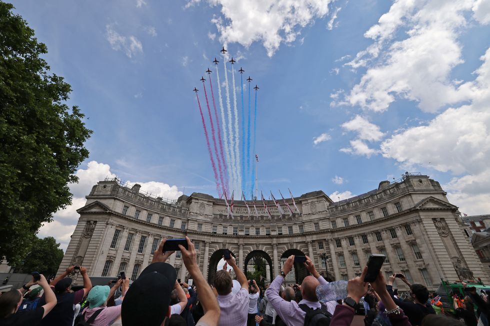 Handout photo issued by the Ministry of Defence (MoD) of the Red Arrows during a special flypast following the Trooping the Colour ceremony at Horse Guards Parade, central London, as the Queen celebrates her official birthday, on day one of the Platinum Jubilee celebrations. . Issue date: Thursday June 2, 2022.